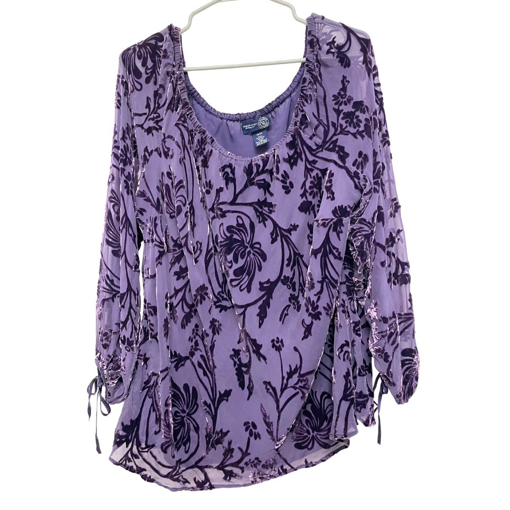 Y2K‎ Venezia Jeans Burnout Velvet Silk Blend Tie Sleeve Purple Blouse Size 18/20